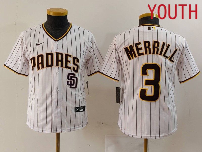 Youth San Diego Padres #3 Merrill White stripe Game 2024 Nike MLB Jersey style 3